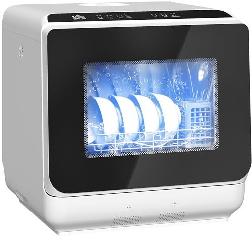 HOMCOM Mini lave-vaisselle compact 4 couverts, lave vaisselle de table, 6 programmes, commande tactile, écran LED, réservoir 6 L, départ différé, double alimentation en eau et séchage à l'air, blanc