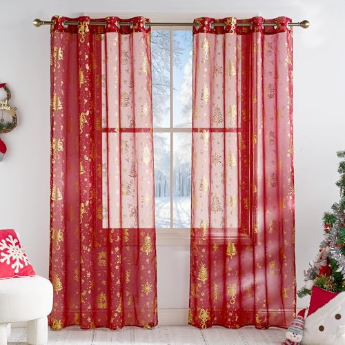 PONY DANCE Red Christmas Net Curtains - 52x84 inches Xmas Gold Foil Snowflake Bell Design, Eyelet Top Voile Panels for Holiday Home Decor, Holiday Sheer, Set of 2
