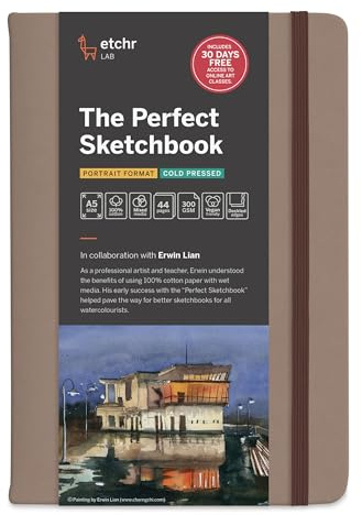 ETCHR The Perfect Sketchbook Deckle Edition Premium 300 gsm 100% Cotton Cold-Press, Hand-Torn Deckled Edges, Lay-Flat Binding, Vegan Leather Cover, A5 Portrait - 8.3 x 5.8 Inch