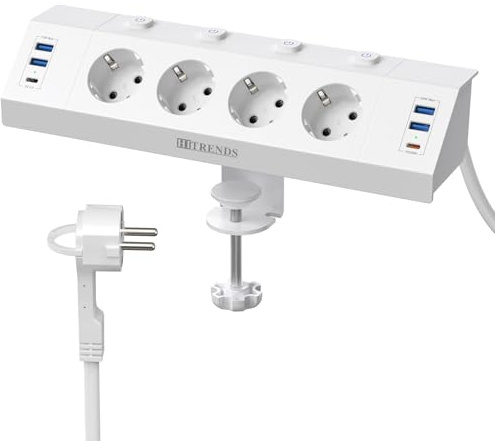 Tischsteckdose mit USB, 4 Fach Steckdosenleiste Schreibtisch mit Einzeln Schalter, 10-in-1 Ecksteckdose mit 4 USB A & 2 USB C (PD 20W) mit 3M Kabel, Überspannungsschutz Steckdose Tisch, Weiß