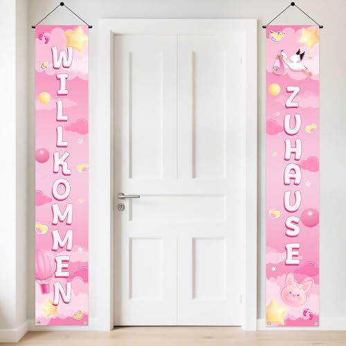 Willkommen Zuhause Baby Deko Banner - 2 Stück Babyparty Dekoration Rosa Türbanner 180 x 30 cm, Stoff Tür Dekorationen für Mädchen Babyshower Welcome Back Home Party (Rosa)