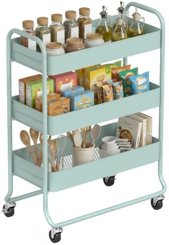 HOMCOM 3-Tier Storage Trolley auf Rädern, Rolling Utility Cart mit Mesh Backets, Mobile Storage Cart für Küche, Bad, Schlafzimmer, Hellgrün