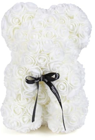 Uteruik Flower Rose Bear White Artificial Flower Bear for Women, Girlfriends, Girls, Moms, Grandmothers, Fathers 25cm