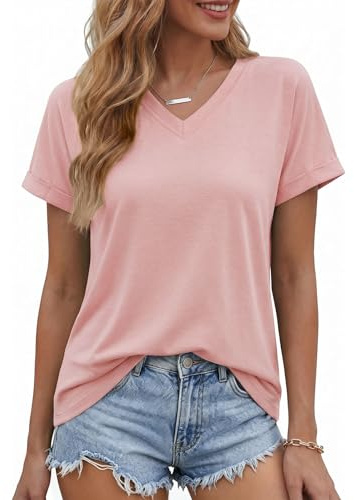 PASUDA Maglietta Donna Estiva T-Shirt Scollo a V Manica Corta Magliette Casual Ampia Basic Tinta Unita Tops Elegante Traspirante Tee Shirts (Rosa, S)
