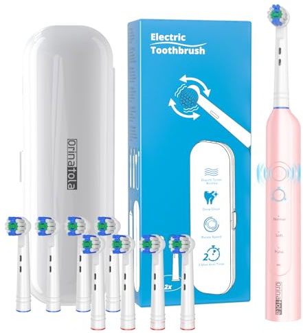 Orinatola Zahnbürste Elektrisch Elektrozahnbürste, Inkl 8 Aufsteckbürsten, Reise-etui und 3 Putzmodi für Zahnpflege Wasserdicht IPX7, Eelektrische Zahnbürste für Reisen, Rosa