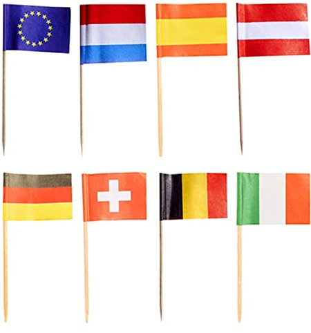 50 Deko-Picker 8 cmNationen Flaggenpicker/Fahnenpicker sortiert: Deutschland, Frankreich, Niederlande, Italien, Österreich, Belgien, Spanien, Schweiz, Europa