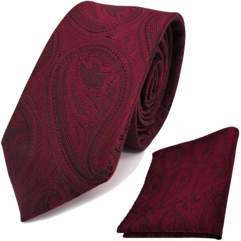 TigerTie schmale Krawatte + Einstecktuch rot weinrot schwarz paisley Muster