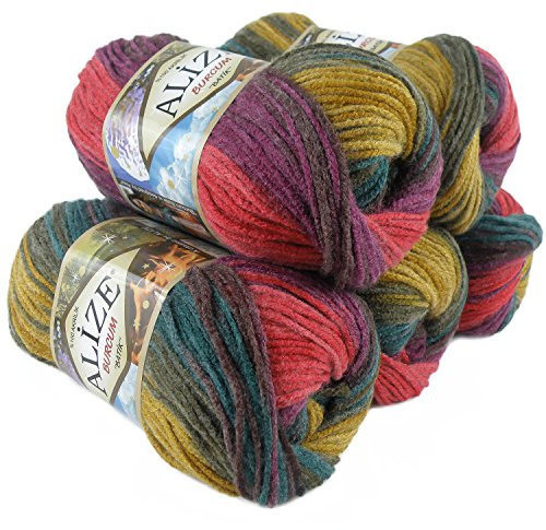 500g Strick-Garn ALIZE BURCUM Batik Strick-Wolle Handstrickgarn, Farbe wählbar, Farbe:3368 beere-oliv-petrol-gelb-rot