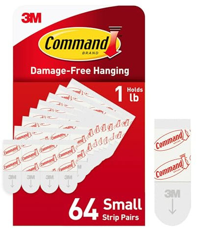 Command Small Refill Hanging Wall Hook Adhesive Strips, No Tools Removable - 64 White Strips