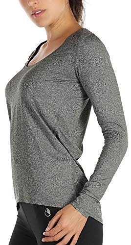 icyzone Damen Laufshirt Langarm Sport Shirt Atmungsaktive Langarmshirt Fitness Top Oberteil mit Daumenloch (S, Dunkelgrau)