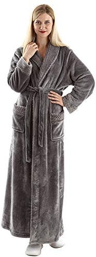 Dressing Gown Women Full Length Robe Plus Size Fleece Winter Warm Bathrobe, UK8-10(label M), Grey