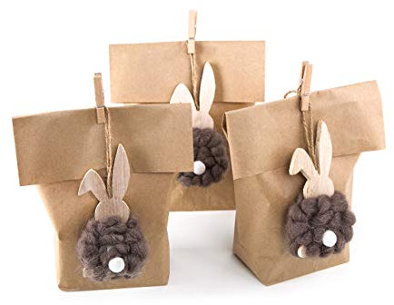 Logbuch-Verlag 3 Ostern Geschenktüten für Süssigkeiten zum Befüllen als Osternest 14 x 22 x 5,6 cm + 3 Osteranhänger Osterhase aus Holz u. Filz