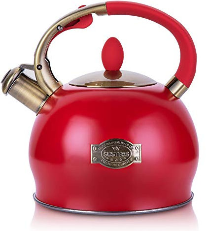 SUSTEAS Stove Top Whistling Tea Kettle-Surgical Stainless Steel Teakettle Teapot with Cool Touch Ergonomic Handle,1 Free Silicone Pinch Mitt Included,3 Liter(RED)
