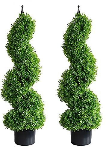 momoplant Künstlicher Formschnitt-Baum für den Außenbereich, Buchsbaum, Spiral-Formschnitt-Baum, 91 cm, 2 Stück