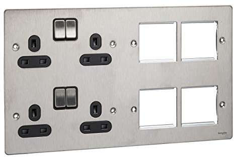 Schneider Electric Ultimate Flat Plate - Switched 4 Gang Power Socket, Double Pole, with Combination Media Plate, GU32204DMPBSS, Stainless Steel with Black Insert
