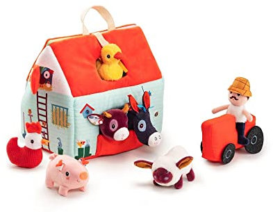 Lilliputiens - Mein erster Bauernhof - Lehrreiches Stoffspielzeug mit Tieren und Bauer - Fördert Motorik und Fantasie - Mit 8 Zubehörteilen und Tragegriff - Spielzeug zur Frühförderung - Ab 18 Monaten