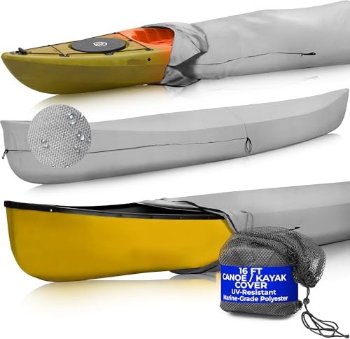 EliteShield Canoe Cover Kayak Cover; Waterproof UV Resistant 600D Marine Grade Polyester Canoe Kayak Boat Storage Cover fits 13 ft-14 ft Long, 110 Inches Girth Gray Color