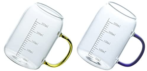 2 Pzas Taza de Leche Graduada Taza de Medición de Cristal Taza de Marcado de Escala Borosilicato Taza Transparente con Mango Aislado para Vino de Leche 250ML