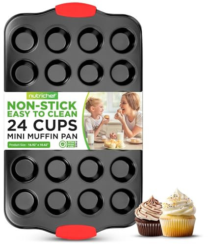 NutriChef 24-Cup Nonstick Mini Muffin Pan - Heavy Duty Carbon Steel Bakeware Tray with Red Silicone Handles - Bake Mini Cupcakes, Muffins, & Savory Treats - 16 x 10, Black