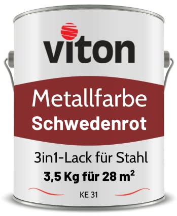 Viton Metallfarbe in Rot - 3,5 Kg Metall-Schutzlack Seidenmatt - Dauerhafter Schutz & hohe Beständigkeit - 3in1 Grundierung & Deckfarbe - Metalllack direkt auf Rost - KE31 - RAL 3011 Schwedenrot