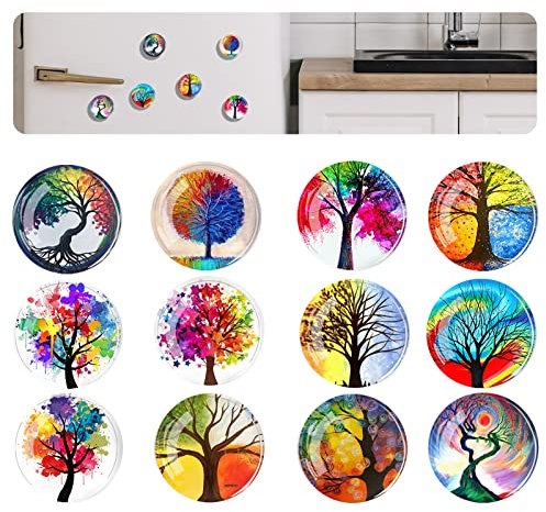 FuninCrea Magnet Kühlschrank Aufkleber, 12 Stücke Glas Bunter Lebensbaum Muster Kühlschrank Magnet Aufkleber Anwendbar auf Kühlschrank Dekoration (A)