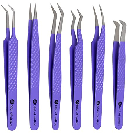 Abdul of Silakor Eyelash Extension Tweezers Set 6 Piece for Volume Lash Extensions Stainless Steel Eyelash Tweezers for Lash Extensions Isolation & Classic Lashes Tweezers Set (Purple)