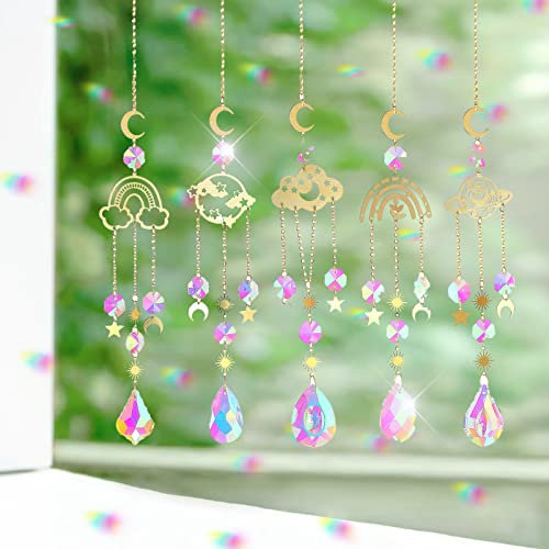 5 Stück Sonnenfänger Kristall Windspiel,Kristalle Deko Anhänger,Garten Wolke Stern Regenbogen Hanging Kristall Fensterdeko Hängend,Fensterdeko Hängend,für Muttertag Ramadan Deko Hochzeit Party