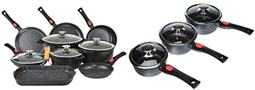 Kamberg - Set Lot Batterie de cuisine 24 pièces - Fonte d'aluminium - Revêtement pierre - Tous Feux dont Induction - 52 x 43 x 3 cm & Set 3 Casseroles Gris 16/18 / 20 cm - Manche Amovible