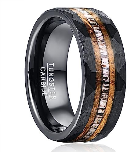 NUNCAD Bague Homme Noir 8mm Anneau en Tungstène avec Bois de Cerf Alliance Homme Moderne Rustique Finition Facettes Martelé Taille 60(19.1)
