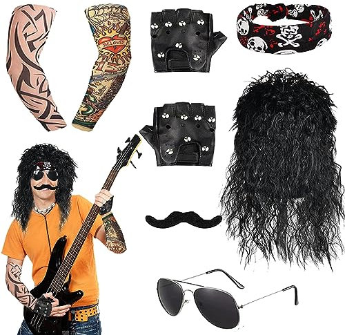 YOUYIKE Herren Kostüm Rockstar, 70er 80er 90er Jahre Outfit Herren Disco Kostüm mit Punk Handschuhe Tattoo Ärmel Sonnenbrille Schwarz Perücke Bart Turban für Motto-Party Und Cosplay