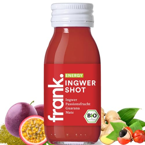 Frank Juice Bio Ingwer Shots Energy 14 x 60 ml, Vegan & in Glasflaschen | Mit Guarana, Mate und Passionsfrucht | ohne Farb-, Süß- oder Konservierungsstoffe | nachhaltiges Premiumprodukt