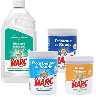 St Marc Kit Ingrédient Bruts écocertifiés 100% origine naturelle : acide citrique, bicarbonate de soude, cristaux de soude et vinaigre ménager, Ensemble de 4 pièces
