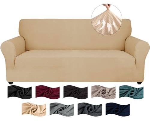 CYCMACO High Stretch Sofa Überzug 3 Sitzer, Sofabezug rutschfest, Couch Bezug Elastischer, Jacquard Sofahusse Mit Armlehnen, Universal Sofa Covers, Couchüberzug Waschbare, Beige Gelb
