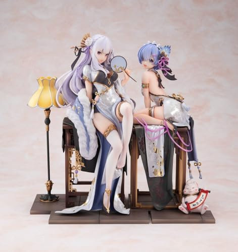 Tongyundacheng Anime Figures Re:0 - Emilia/Rem/Ram Actionfigur, 23 cm, PVC-Figur, Cheongsam-Version, sitzende Pose, Anime-Modell, Mädchenstatue, Sammlerstück-Dekorationen