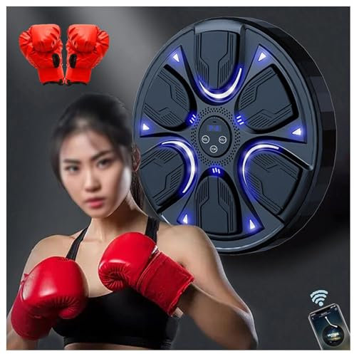 HAZARA Musikboxmaschine mit Handschuhen, Musikbox Maschine Wand mit 6 Lichtern Und Bluetooth Sensor Boxplatte Wand Mit Musik Music Boxing Training Machine für Heimübungen Stressabbau