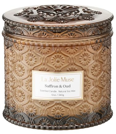 60 Stunden Brenndauer, LA JOLIE MUSE Safran & Oud Duftkerze, Duftkerzen für Zuhause, Große 2-Docht Sojakerzen, Kerzengeschenke für Frauen & Männer, Luxusglas Kerzen, 340g