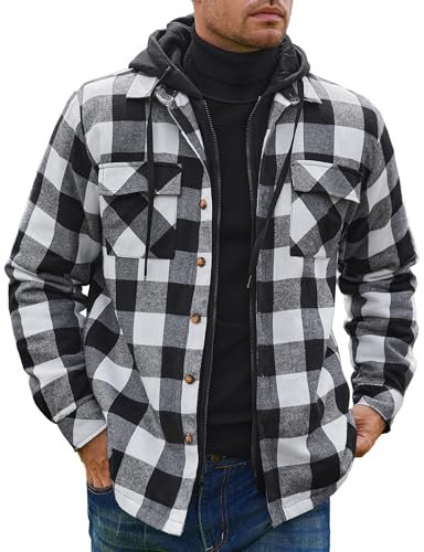 COOFANDY Herren Hemdjacke Karierte Jacke Holzfäller Jacke Gefüttert Langarm Flanellhemd Winterhemd mit Kapuze Thermohemd Übergangsjacke Baumwolle Sweatshirt Weiß S