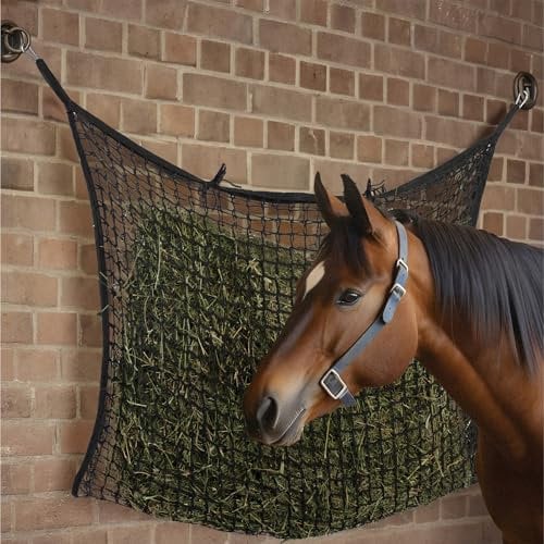 Navaris XXL Heunetz Heusack für Pferde - 100 x 160cm Heutasche groß - Pferdeheunetz mit 2 Karabinerhaken - Heunetztasche Materialstärke 3,5mm - Füllmenge 17kg - Schwarz