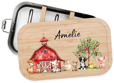 Bärenfreunde® - Personalisierte Brotdose für Kinder mit Spezial-Druck - Robuste Edelstahl Brotdose - Personalisierte Geschenke für Kinder & Erwachsene (Bauernhof,klein Edelstahl)
