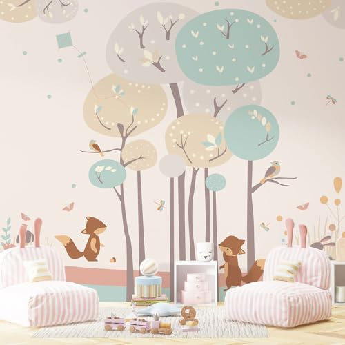 Papier peint panoramique Enfants - Forêt animaux - Largeur 390 cm x Hauteur 311 cm