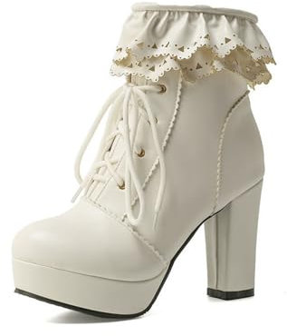 LMUIPMAA Scarpe Lolita per Le Donne Tacchi Alti Stivaletti con Lacci PU Chiusura Lampo Stivali Brevi Platform,Bianca,37 EU