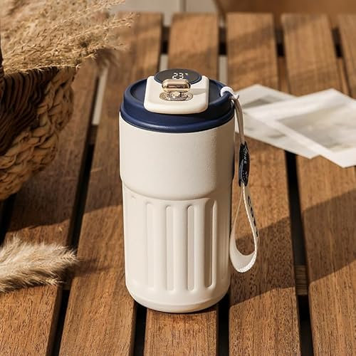 Termo Café 450ml - Vaso para Llevar con Indicador LED de Temperatura, Taza Térmica con Tapa, Sin BPA (Blanco con Azul)