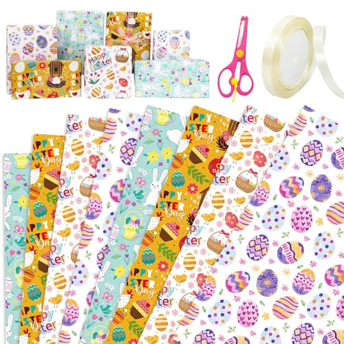 8 Blätter Geschenkpapier Ostern Geschenkpapier 70 X 50 Cm, Abwechslungsreichen Stilen, Klaren Mustern und Dicken Materialien, mit Schere und Band, Geeignet für Ostergeschenke, Geburtstage, Partys usw