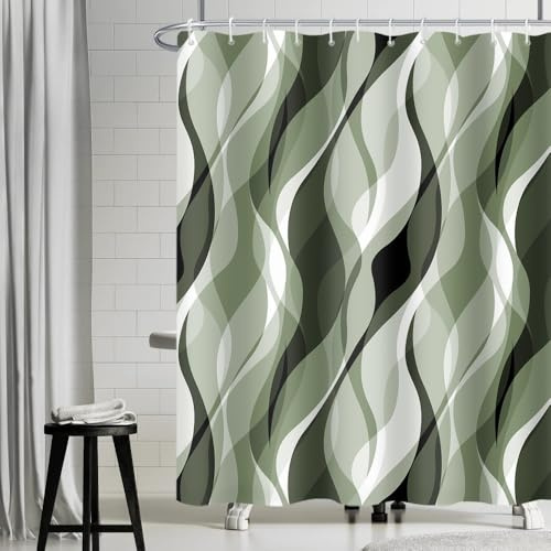 Uiiooazy Rideau de Douche Vert d'eau Anti Moisissure 180x200cm Rayures Vert | Rideau de Baignoire Dégradé Vert Foncé Rayé Tissu Lavable Imperméable Polyester avec 12 Crochets pour Salle de Bain