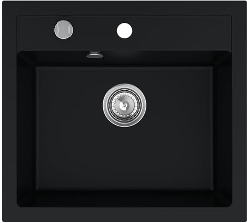 SINK QUALITY Granit Spülbecken schwarz 56 x 51 cm - inkl. Siphon automatisch und Impregnate - Waschbecken für Küche - Spüle für 60 cm Unterschrank Granitspüle für Küche