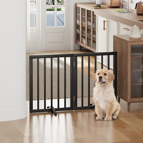 Dog Gates for Doorways, Foldable Dog Gate Indoor, Freestanding Pet Gates for Doorways Bedroom, Puppy Gate with Metal Support Feet, Room Divider 2 Panels (Black)