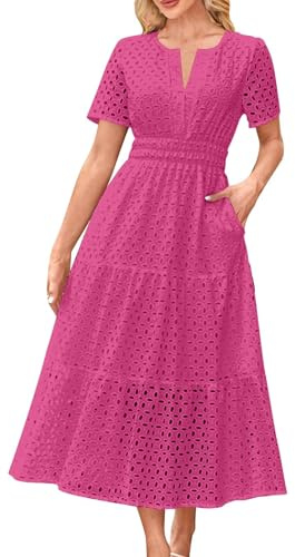 Womens Summer Dresses Elegant Eyelet Dress Short Sleeve V Neck Button Wrap Dress Loose Beach Ladies Maxi Sundress Hollow Out Tunic Dress Boho T-Shirt Dress with Pockets 2025 Hot Pink