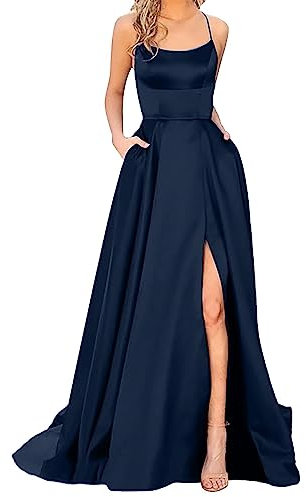 2025 - Robes de bal pour femme - Longue et élégante - Dos nu - Robe de bal - En satin - Spaghetti - Fente latérale - Robe de soirée de mariage avec poches - Robes de baptême pour femme, bleu foncé, S