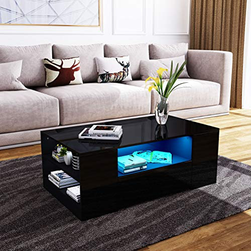 Komtopod Couchtisch, Moderner Couchtisch, Wohnzimmertisch mit 2 Schubladen & Offenes Regal All Hochglanz Kaffeetisch Rechteck Wohnzimmermöbel 95x55x37cm (mit LED, Schwarz)