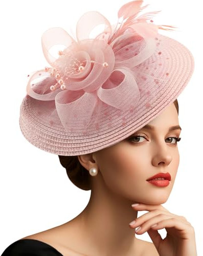 DRESHOW Mesh Damen Blume mit Perle Feder Fascinators Hut auf Einem Stirnband und Einem Gegabelten Clip Cocktail Tea Party Kopfbedeckung für Mädchen & Frauen Noble Kentucky Hut